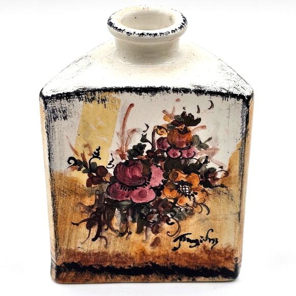 Triangular Greek Floral Vase - Artist Signed Hand Painted Pottery Masterpiece - Picture 3 of 9